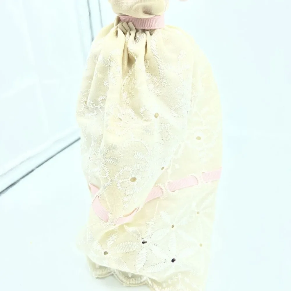 Doll Wearing Vintage White Long Ribbon Tie Up Lace Dress